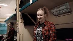 Girl fellow traveler seduced guy on the train and gave him blowjob and swallowed sperm