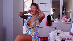 Hot tattoo babe rides dildo on cam