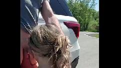Big tit brunette pornstar sucks dick on side of road for ride