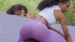 Young boy sneaking on her hot milf neighbor doing her workout