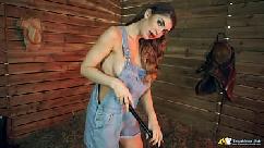 Hot brunette in dungarees encourages you to wank cock over her juicy tits