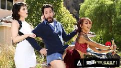 Horny stepmom joins her pervert husband and dirty stepdaughter after she caught them banging hard