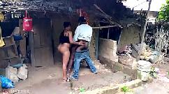 A lady caught two strangers fucking in her outdoor and she joined them fucking under the rainfall